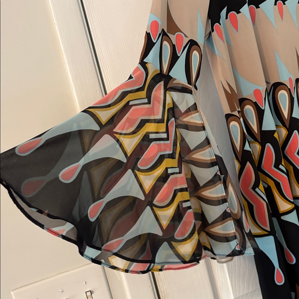 Psychedelic Print Boho Dress Sheer Bell Sleeve Retro Mod Tunic M - Picture 5 of 7